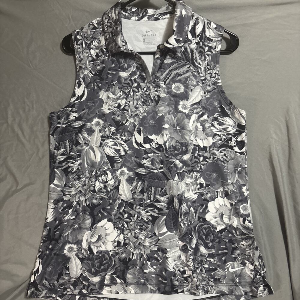 Nike Women's Dri-Fit Sleeveless Size Med Black & Gray Floral Polo Athletic Wear
